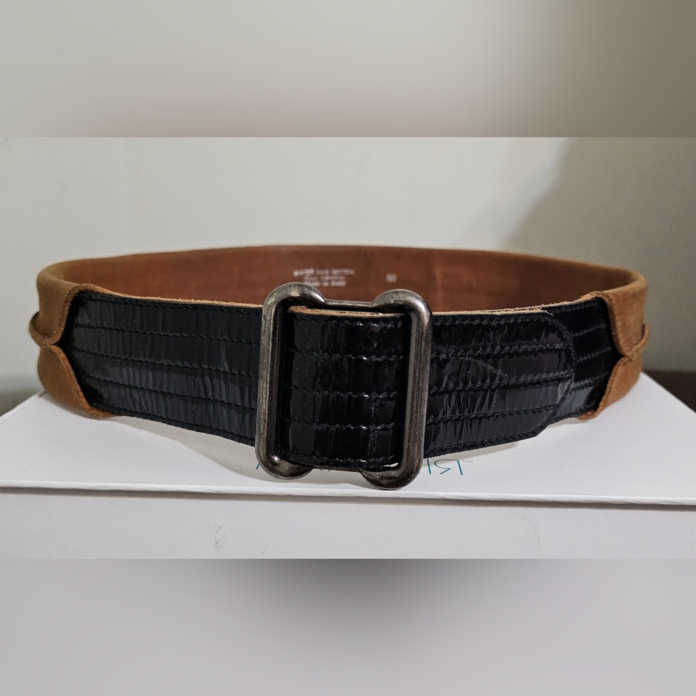 Dries Van Noten Black Patent and Camel Brown Leather Women's Belt Size 80 S - M